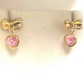 Vintage Solid 14k Yellow Gold Pink Hearts & Bows Earrings