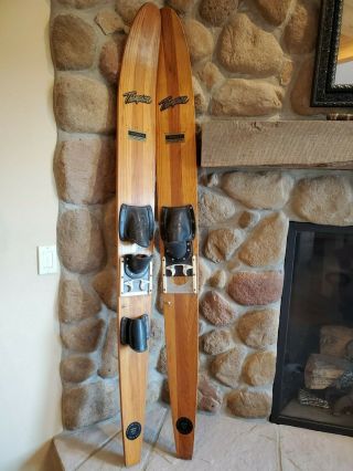 Vintage Thompson Wooden 70 " Long Skis With Metal Bindings And Custom Combi