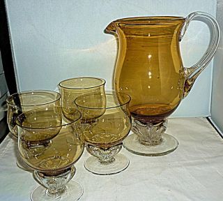 Unusual Vintage Retro Brown Amber Glass Water Jug Pitcher Glasses Goblet Set