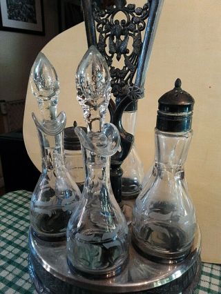 Antique Vintage Silver Plated Cruet Condiment Set With Etched Glass Containers