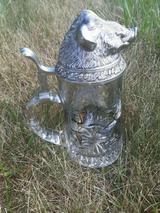 Vintage Glass Beer Stein W Pewter Boars Head Lid Painted Rare Ivory Colored Tusk