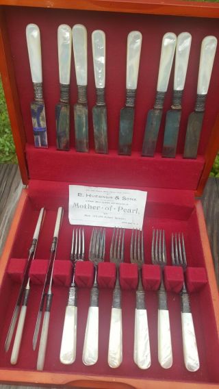Meridan Cutlery Co 1855 Mother Of Pearl Knife & Fork Set Of 12 Sterling 24 Pc