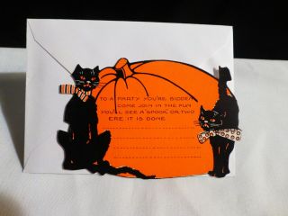 Vintage Black Cats (2) And Big Pumpkin Halloween Party Invitation W/envelope - Min