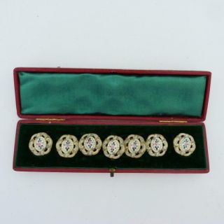 Cased Set Of Seven Vintage Yellow Metal And Enamel Buttons