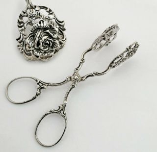 German.  835 Solid Silver Cake Tongs,  Sugar Tongs With Hildesheimer Rose Decor