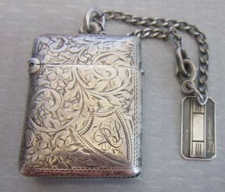 Birmingham England Antique 1898 Sterling Silver Vesta Pocket Match Safe On Chain