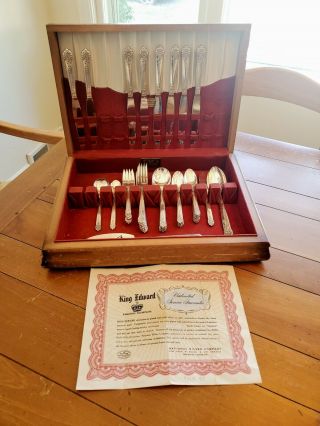 51 Piece King Edward Moss Rose Flatware National Silver Co.  Set W/case See