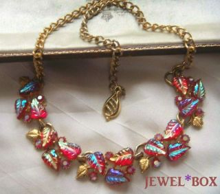 Vintage Coro Red Aurora Borealis Moulded Glass Leaf Cluster Rhinestone Necklace