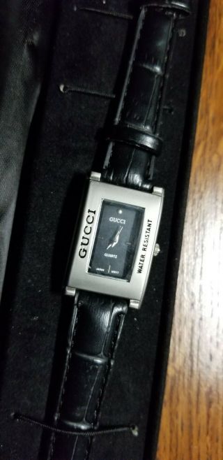 Vintage Gucci Ladies Watch Silver With Black Leather Band & Case Black