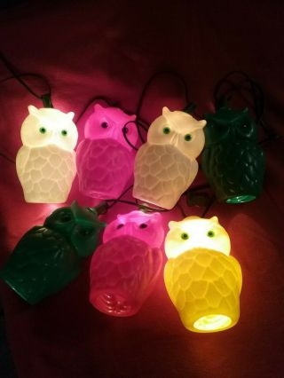 Vintage String of 7 Blow Mold Plastic Owls Patio RV Camping Party Lights Set 2