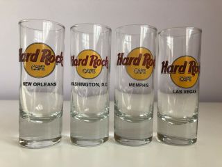 Hard Rock Cafe Set Of 4 Shot Glasses Various American Cities 4 Inches Tall - Vgc