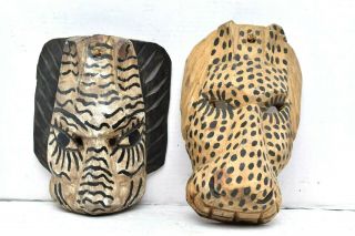 Set 2 Vtg Guatemalan Animal Carved Wood Mexican Folk Art Dance Masks Hanging.