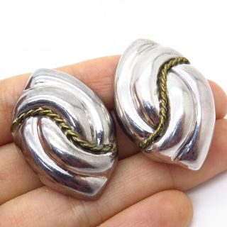 Vtg Mexico 925 Sterling Silver 2 Tone Large Hollow Modernist Clip On Earrings