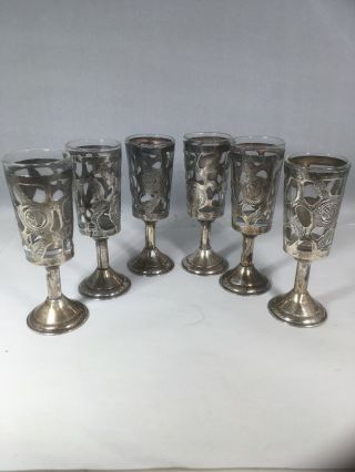 Sterling Silver 925 Overlay Stem Cordial Shot Glasses Set Of 6 Rl Mexico 3.  5”