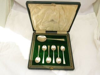Unusual Cased Set Of 6 Sterling Silver Coffee Demi Tasse Spoons With Server 1926