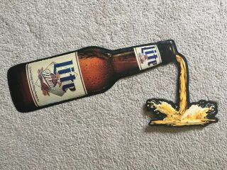 Miller Lite Bottle Beer Embossed Tin Metal Bar Sign • Rare Vintage Pouring Brew