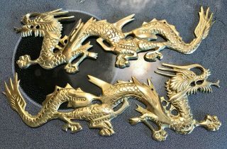 Pair Vintage Solid Brass Dragon Wall Mount Sculpture Hanging Decor 15.  5 " X 4.  5 "