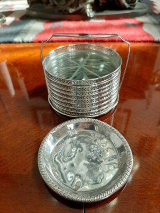 Vintage Set (8) Art Deco Webster Sterling Silver & Cut Glass Coasters W/ Caddie