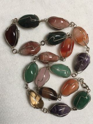 Vintage 1960s Multi Coloured Quartz Agate Bead Silver Clasp & Wire Necklace