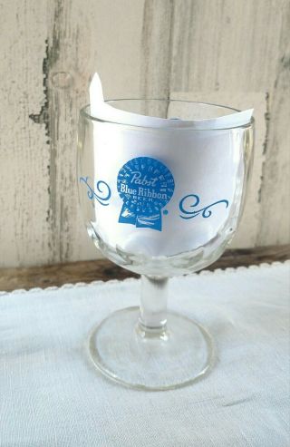SET FOUR Vintage Pabst Blue Ribbon Beer Stemmed Thumbprint Goblet Glasses 2