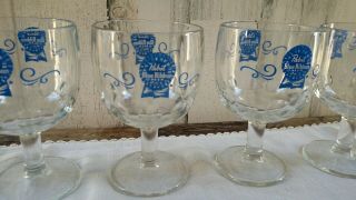 SET FOUR Vintage Pabst Blue Ribbon Beer Stemmed Thumbprint Goblet Glasses 3