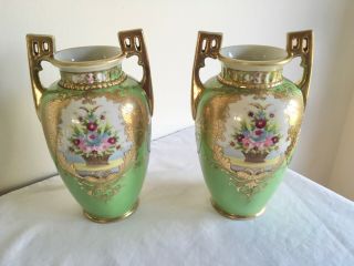 Vintage Art Deco Noritake Porcelain Flowers Basket Gold Gilded Vases