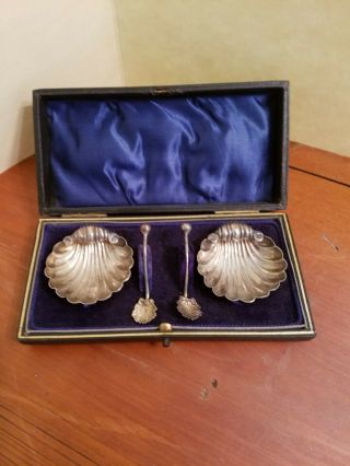 Pair Antique Sterling Silver Salts With Spoons Boxed 1900 William Henry Leather