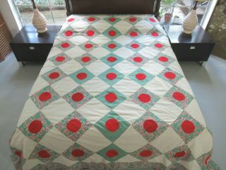 Queen Vintage Hand Pieced Turkey Red Ball In Feed Sack Diamond Quilt Top; Good