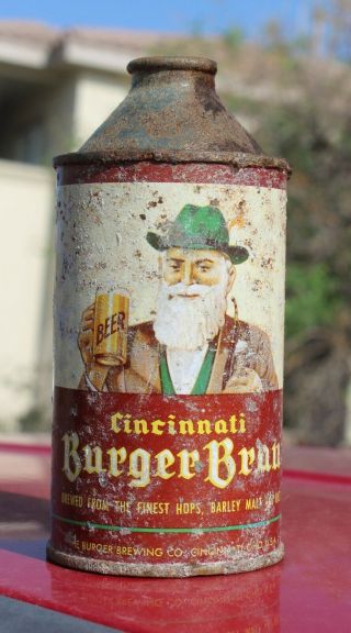 Cincinnati Burger Brau " Old Man " Graphic Cone Top Beer Can Dumper - Good Display