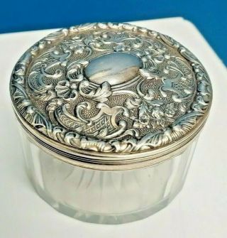 Antique Repousse Sterling Silver Cut Glass Repousse Ring Hairpin Powder Jar