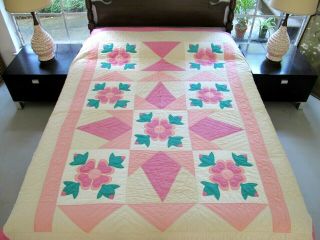 Outstanding Vintage Hand Sewn Applique Rose Of Sharon Quilt,  95 " X 77 " ; Good