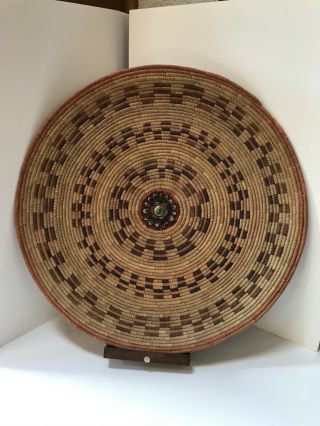 Large Vintage Ethnic Tribal Handwoven Flat Coiled Basket.  Detail