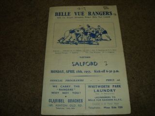 Rare Vintage Belle Vue Rangers V Salford Rearranged 18th Apr 1955 Last Ever Prog