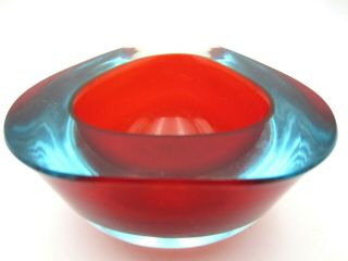 Murano Poli Seguso Era Red Watery Ice Blue Art Glass Triangle Geode Bowl Vintage