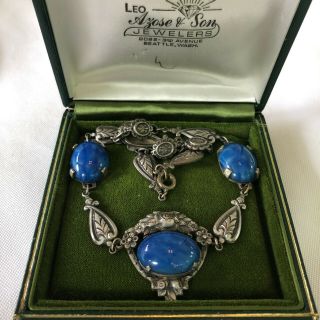 Vintage Victorian Blue Czech Glass Cabochon Floral Choker Silver Tone Necklace