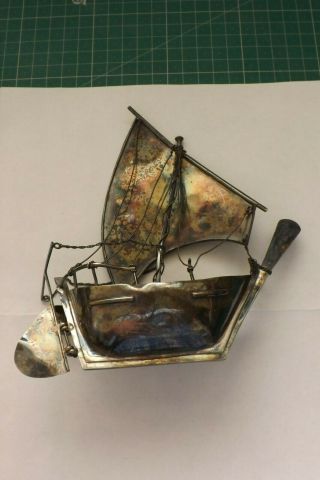 SOLID LOW GRADE SILVER ORNAMENT 85GRAMMES A CHINESE FISHING JUNK BOAT 18CMS HIGH 3