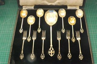 Vintage Cased Silver Plate Set 13 Dessert Forks And Spoons William Morris Style