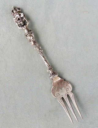 Ornate Sterling Silver Fork Figural Nude Woman Holding Crown