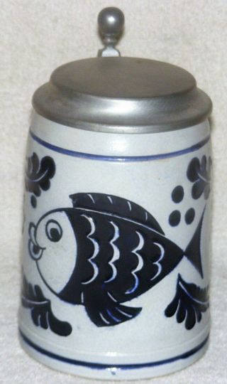 Vintage German Salt Glaze Stoneware Lidded Beer Stein Unusual Fish