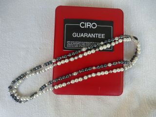 Vintage Ciro Double Strand White & Grey Pearl Necklace Black Cabochon Clasp