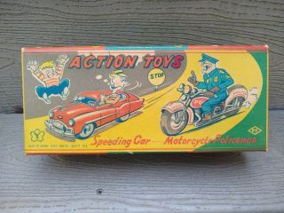 Vintage Speeding Car Motorcycle Policeman - Tin Friction - Box Only - Yonezawa