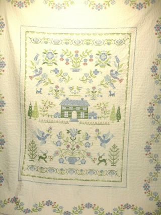 Q 11 Vintage Quilt,  Hand Quilted,  Cross Stitched Or Embroidered,  94 X 76 In.