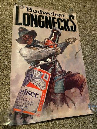 Vintage 1982 Budweiser Beer Poster Cowboy Wrangling Longneck Bottle Western