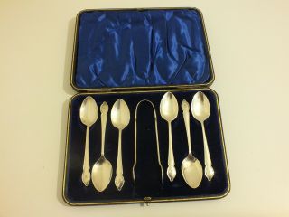 Boxed Set Of Antique Solid Silver Spoons With Matching Sugar Tongs / Nips - Robe