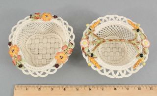 2 Vintage Belleek Pottery Woven Applied Flower & Butterfly Bowls Baskets Nr