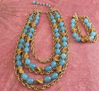 Vtg Crown Trifari Bib Multi - Strand Blue Glass&gold Bead Necklace& Bracelet Demi