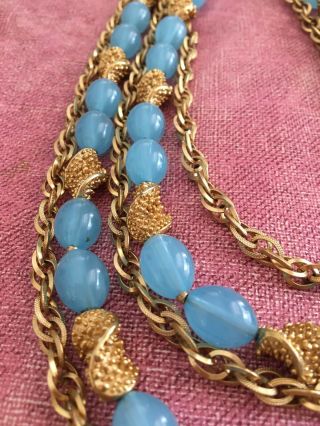 Vtg Crown TRIFARI Bib Multi - Strand Blue Glass&gold Bead Necklace& Bracelet Demi 2