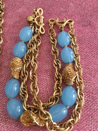 Vtg Crown TRIFARI Bib Multi - Strand Blue Glass&gold Bead Necklace& Bracelet Demi 3
