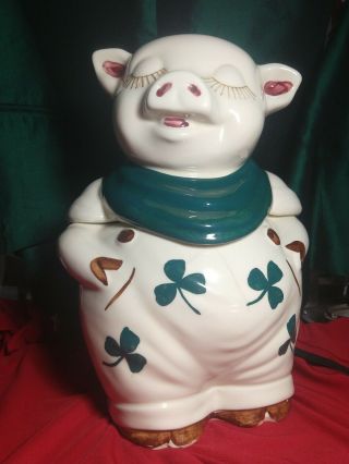 Vintage Shawnee Pottery " Smiley Pig " (cookie Jar) Lucky Green Shamrocks