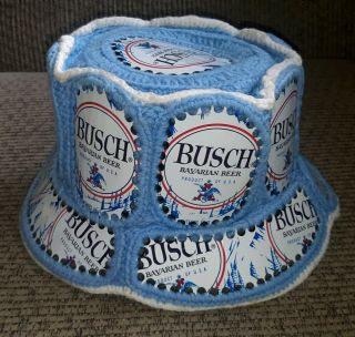 Vintage Busch Bavarian Beer Aluminum Can Hat Knitted Crocheted Yarn Unique Blue